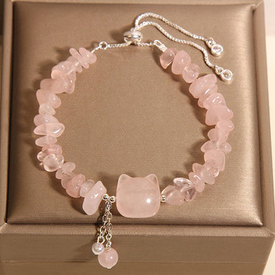 Buddha Stones Natural Pink Crystal Agate Gravel Stone Cat Head Soothing Bracelet