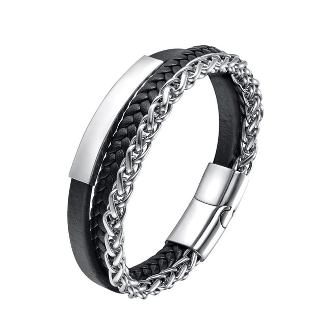 Buddha Stones Woven Pattern Titanium Steel Stimulation Multi-layer Leather Buckle Bracelet