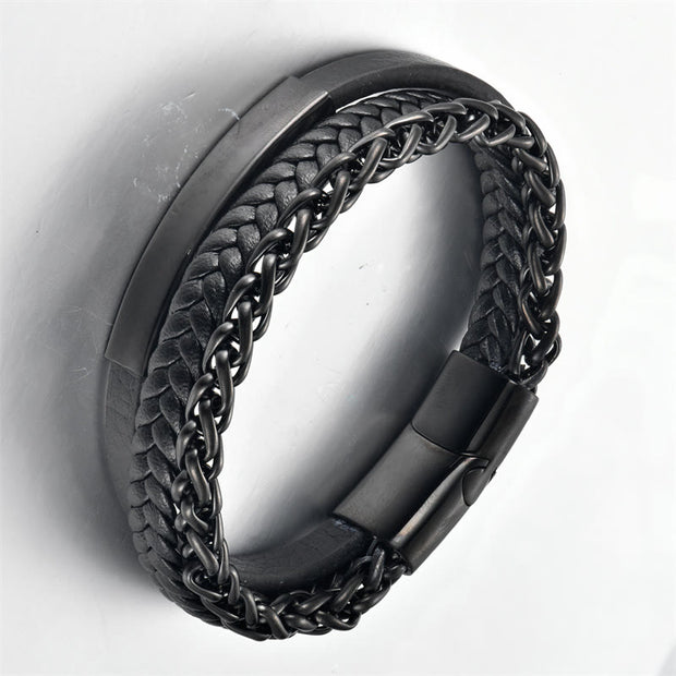 Buddha Stones Woven Pattern Titanium Steel Stimulation Multi-layer Leather Buckle Bracelet