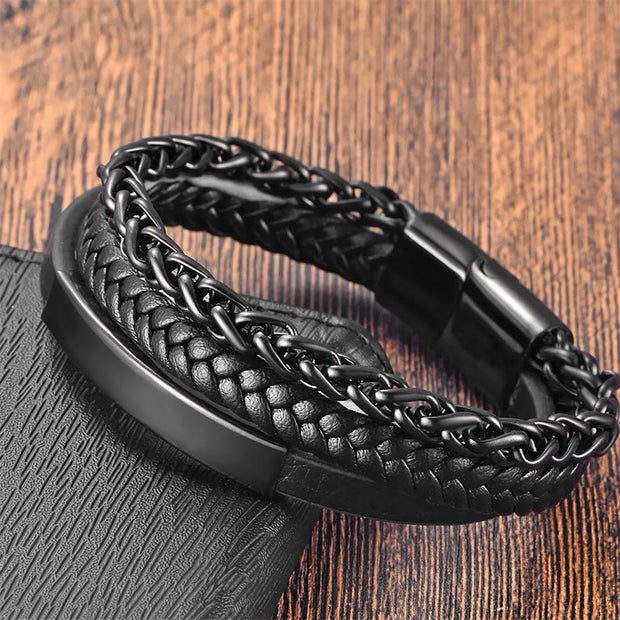 Buddha Stones Woven Pattern Titanium Steel Stimulation Multi-layer Leather Buckle Bracelet