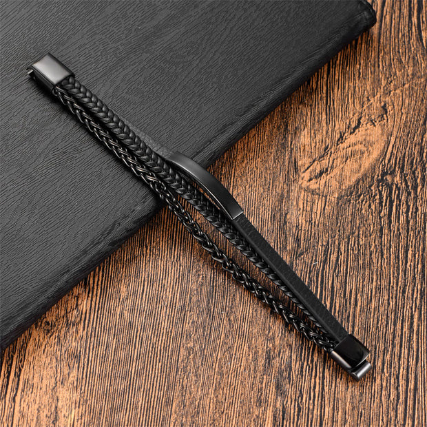 Buddha Stones Woven Pattern Titanium Steel Stimulation Multi-layer Leather Buckle Bracelet