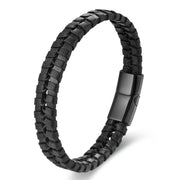 Buddha Stones Simple Braided Pattern Titanium Steel Strengthen Multi-layer Leather Buckle Bracelet