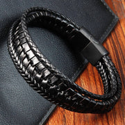 Buddha Stones Simple Braided Pattern Titanium Steel Strengthen Multi-layer Leather Buckle Bracelet