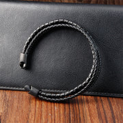 Buddha Stones Simple Braided Pattern Titanium Steel Strengthen Multi-layer Leather Buckle Bracelet