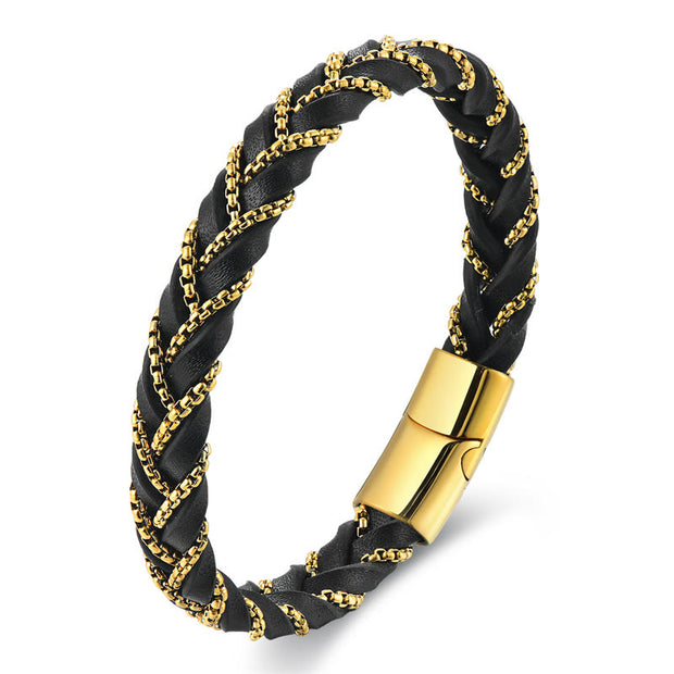 Buddha Stones Simple Design Titanium Steel Calm Braided Leather Buckle Bracelet