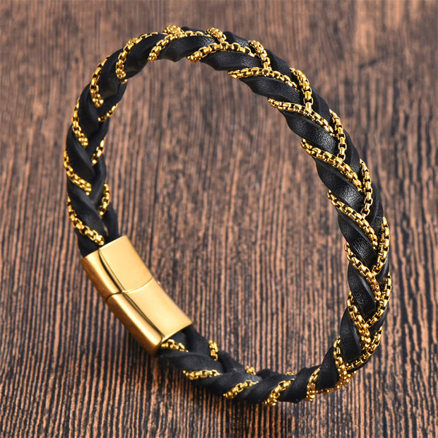Buddha Stones Simple Design Titanium Steel Calm Braided Leather Buckle Bracelet