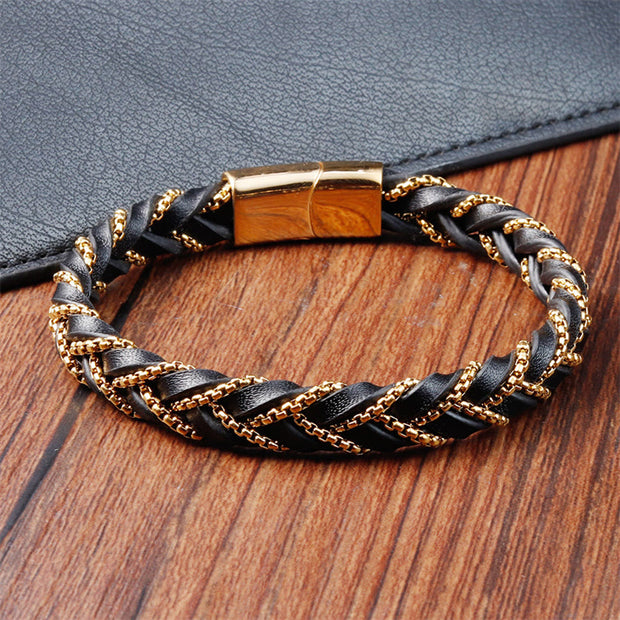 Buddha Stones Simple Design Titanium Steel Calm Braided Leather Buckle Bracelet