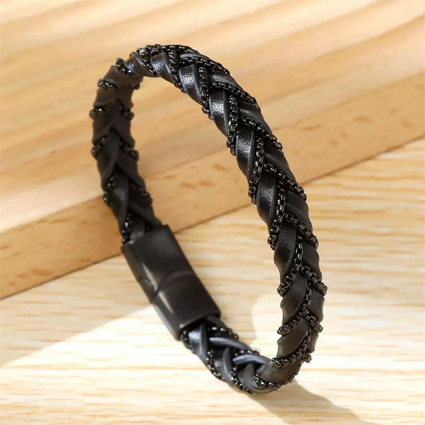 Buddha Stones Simple Design Titanium Steel Calm Braided Leather Buckle Bracelet