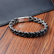 Buddha Stones Simple Design Titanium Steel Calm Braided Leather Buckle Bracelet