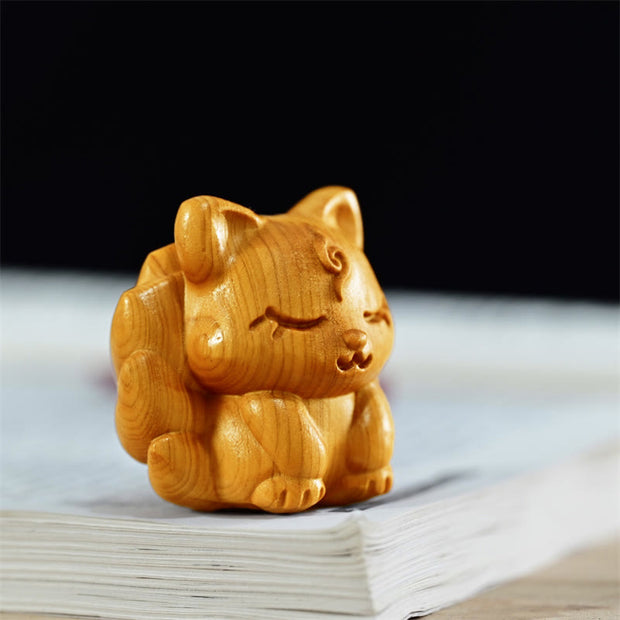 Buddha Stones Mini Thuja Sutchuenensis Wood Nine Tailed Fox Statue Optimistic Decoration