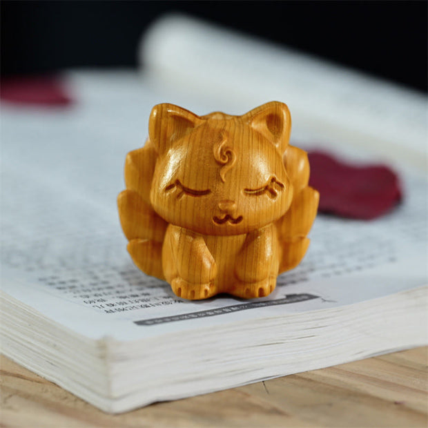 Buddha Stones Mini Thuja Sutchuenensis Wood Nine Tailed Fox Statue Optimistic Decoration