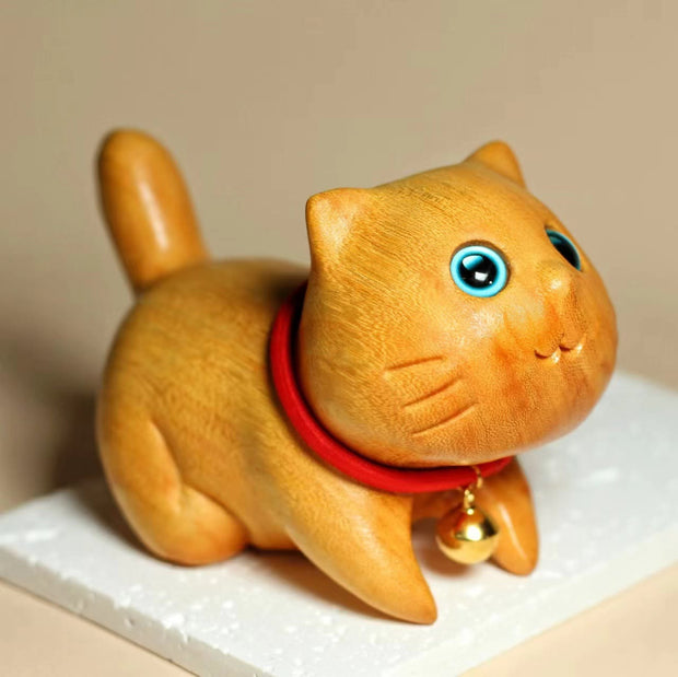 Buddha Stones Mini Sandalwood Carved Lucky Confident Cat Healing Decoration