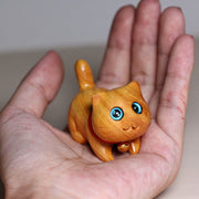 Buddha Stones Mini Sandalwood Carved Lucky Confident Cat Healing Decoration