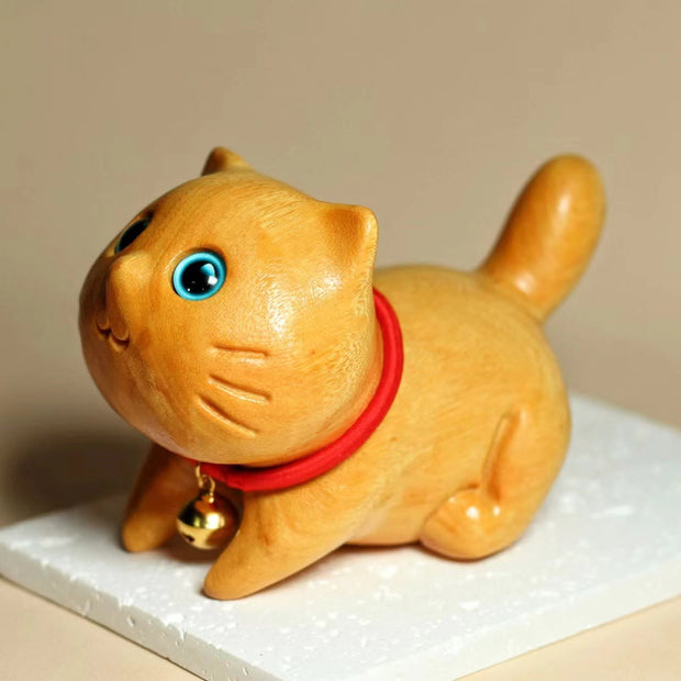 Buddha Stones Mini Sandalwood Carved Lucky Confident Cat Healing Decoration