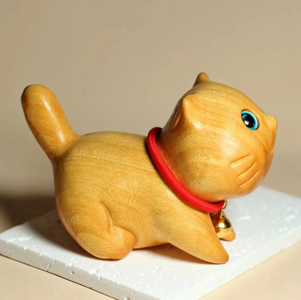 Buddha Stones Mini Sandalwood Carved Lucky Confident Cat Healing Decoration