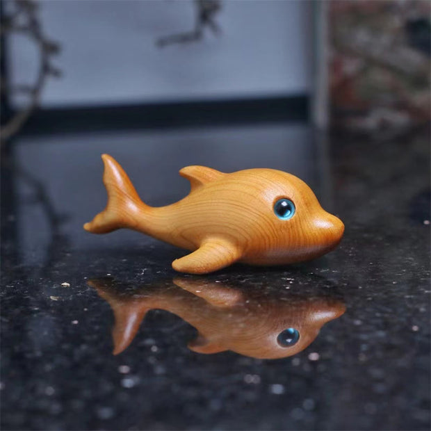 Buddha Stones Mini Thuja Sutchuenensis Wood Cute Dolphin Statue Prosperity Decoration