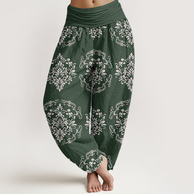 Buddha Stones Casual Symmetrical Floral Motifs Women's Elastic Waist Harem Pants