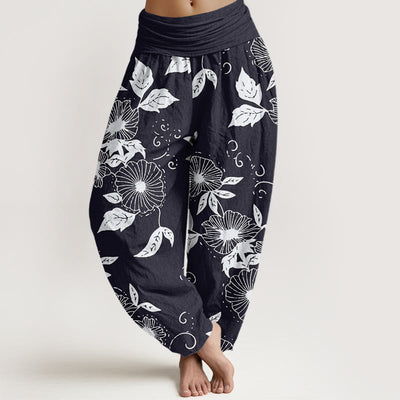 Buddha Stones Casual Vine Flowers Leaves Pattern Women's Elastic Waist Harem Pants