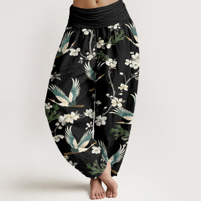 Buddha Stones Casual Flying Crane Flower Pattern Women's Elastic Waist Harem Pants