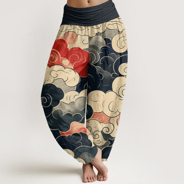 Buddha Stones Casual Auspicious Clouds Pattern Women's Elastic Waist Harem Pants