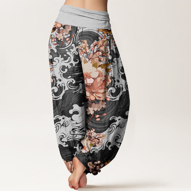 Buddha Stones Casual Wave And Floral Pattern Women's Elastic Waist Harem Pants