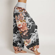Buddha Stones Casual Wave And Floral Pattern Women's Elastic Waist Harem Pants