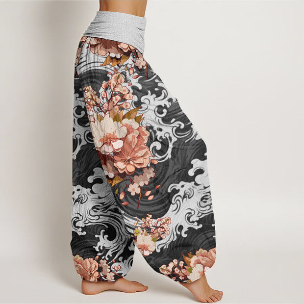 Buddha Stones Casual Wave And Floral Pattern Women's Elastic Waist Harem Pants