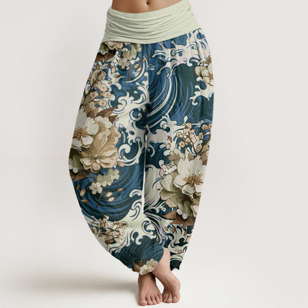 Buddha Stones Casual Wave And Floral Pattern Women's Elastic Waist Harem Pants