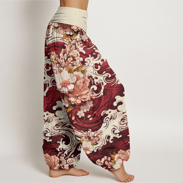 Buddha Stones Casual Wave And Floral Pattern Women's Elastic Waist Harem Pants