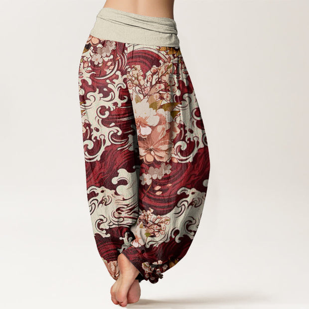 Buddha Stones Casual Wave And Floral Pattern Women's Elastic Waist Harem Pants