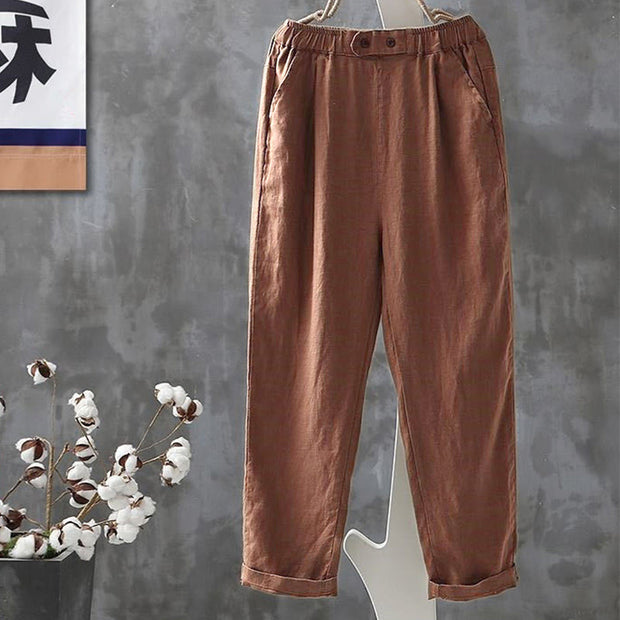 Buddha Stones Casual Button Cotton Linen Women's Harem Pants With Pockets