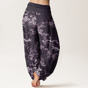 Buddha Stones Pure Cotton White Sakura Flower Pattern Women's Elastic Waist Harem Pants