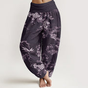 Buddha Stones Pure Cotton White Sakura Flower Pattern Women's Elastic Waist Harem Pants