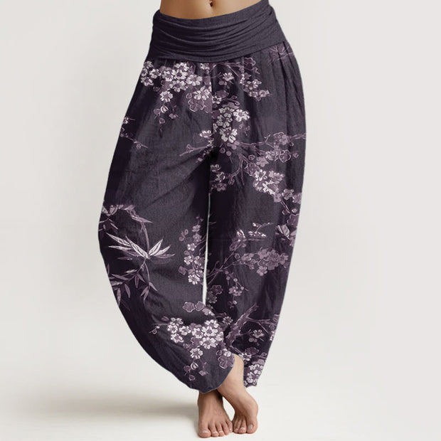 Buddha Stones Pure Cotton White Sakura Flower Pattern Women's Elastic Waist Harem Pants