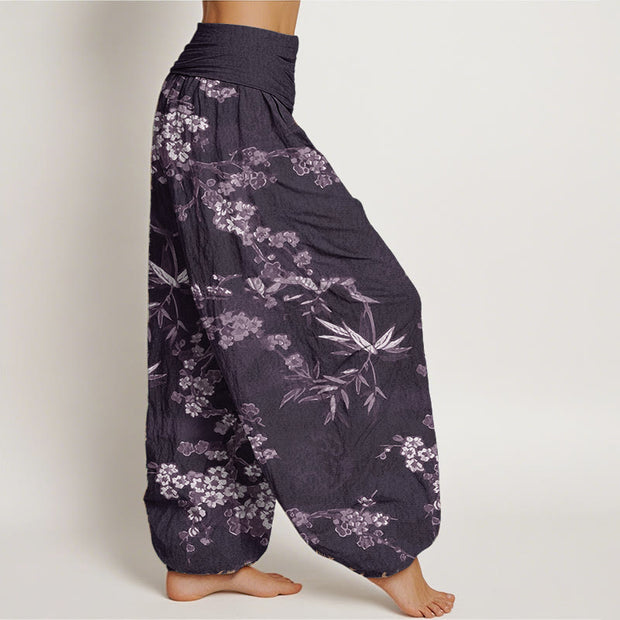 Buddha Stones Pure Cotton White Sakura Flower Pattern Women's Elastic Waist Harem Pants