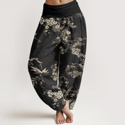 Buddha Stones Pure Cotton White Sakura Flower Pattern Women's Elastic Waist Harem Pants