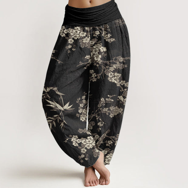 Buddha Stones Pure Cotton White Sakura Flower Pattern Women's Elastic Waist Harem Pants