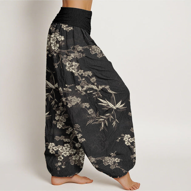 Buddha Stones Pure Cotton White Sakura Flower Pattern Women's Elastic Waist Harem Pants