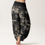 Buddha Stones Pure Cotton White Sakura Flower Pattern Women's Elastic Waist Harem Pants