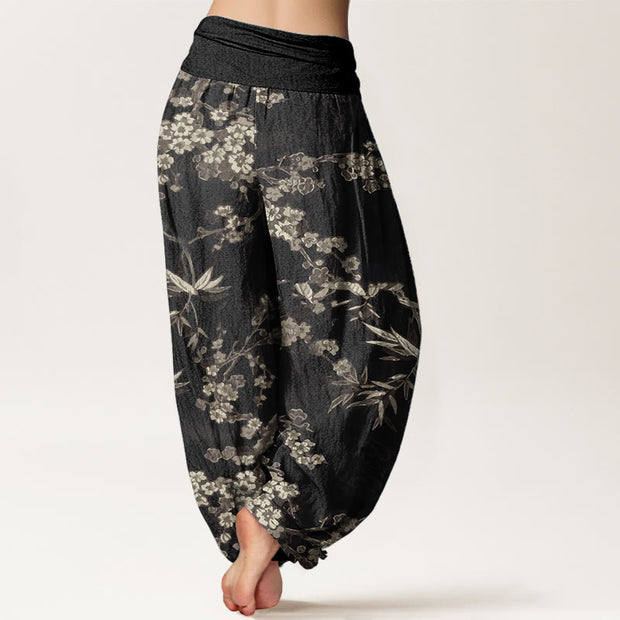 Buddha Stones Pure Cotton White Sakura Flower Pattern Women's Elastic Waist Harem Pants