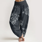 Buddha Stones Pure Cotton Casual Rose Peony Flowers Women's Elastic Waist Harem Pants