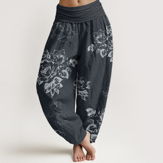 Buddha Stones Pure Cotton Casual Rose Peony Flowers Women's Elastic Waist Harem Pants
