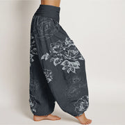 Buddha Stones Pure Cotton Casual Rose Peony Flowers Women's Elastic Waist Harem Pants