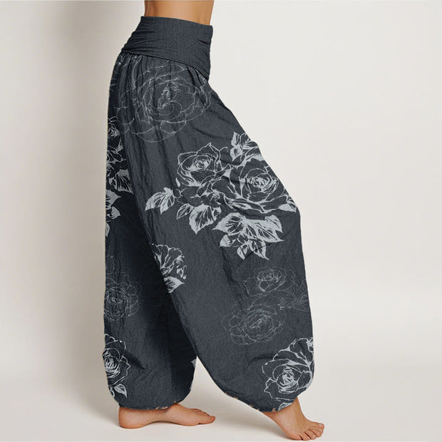 Buddha Stones Pure Cotton Casual Rose Peony Flowers Women's Elastic Waist Harem Pants