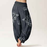 Buddha Stones Pure Cotton Casual Rose Peony Flowers Women's Elastic Waist Harem Pants