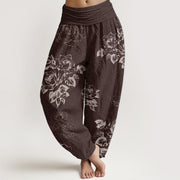 Buddha Stones Pure Cotton Casual Rose Peony Flowers Women's Elastic Waist Harem Pants