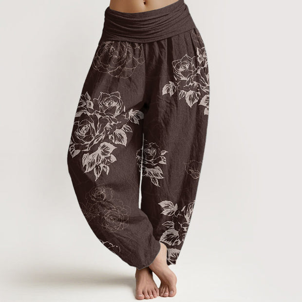 Buddha Stones Pure Cotton Casual Rose Peony Flowers Women's Elastic Waist Harem Pants