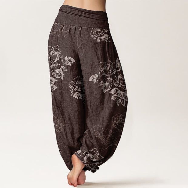 Buddha Stones Pure Cotton Casual Rose Peony Flowers Women's Elastic Waist Harem Pants