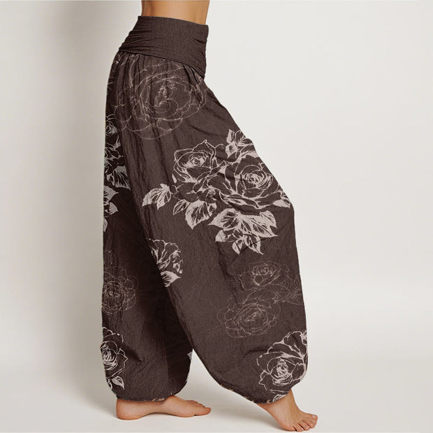 Buddha Stones Pure Cotton Casual Rose Peony Flowers Women's Elastic Waist Harem Pants