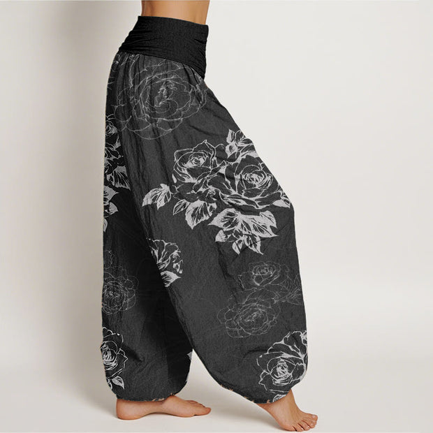 Buddha Stones Pure Cotton Casual Rose Peony Flowers Women's Elastic Waist Harem Pants
